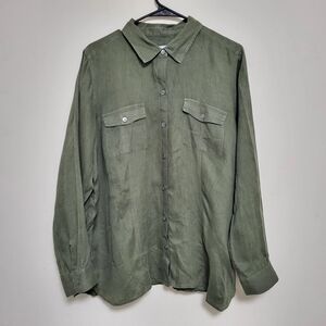 NWOT J. Jill Love Linen Olive Greeb Button-Down Long Sleeve Top Sz L